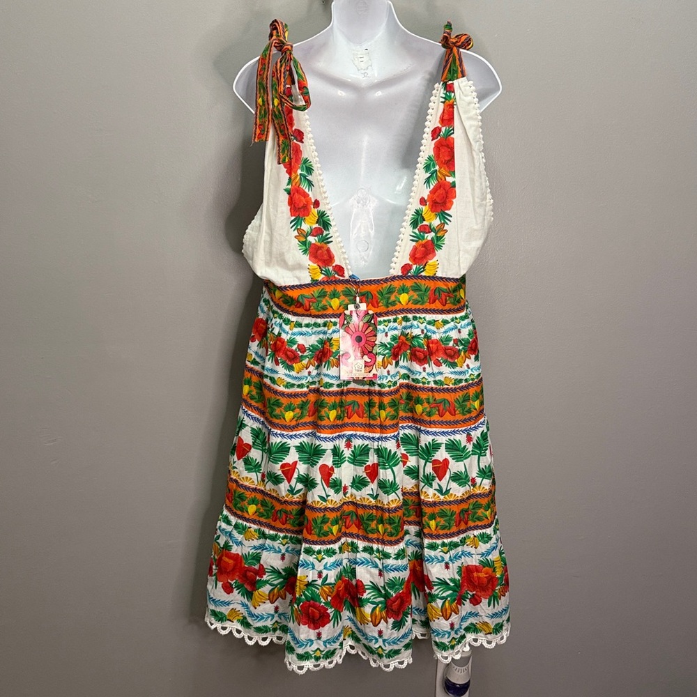 New Farm Rio x Anthropologie v-neck tiered mini Tropical Foliage Anika dress - Picture 5 of 6